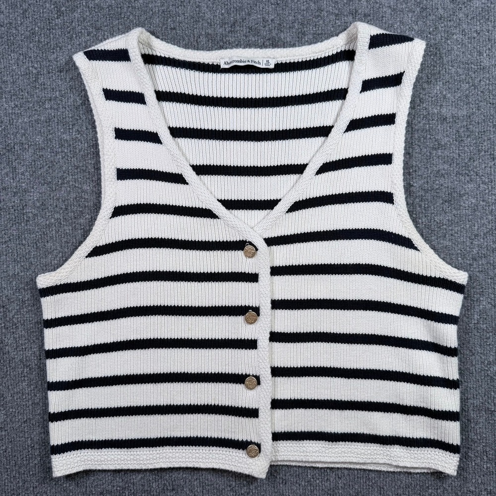 Abercrombie & Fitch Sweater Vest Womens XL White Navy Striped Gold Button Crop